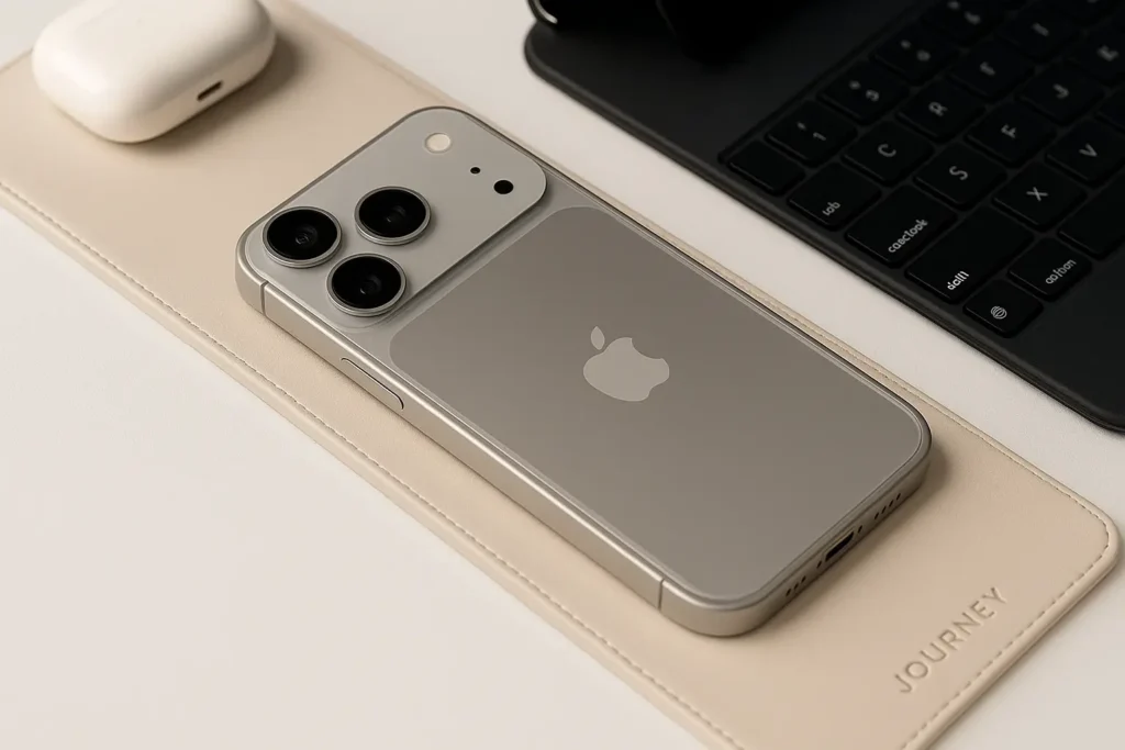 Silver iPhone lying on a beige leather desk mat with a white AirPods case and a black keyboard nearby, photographed on a clean white tabletop under soft lighting