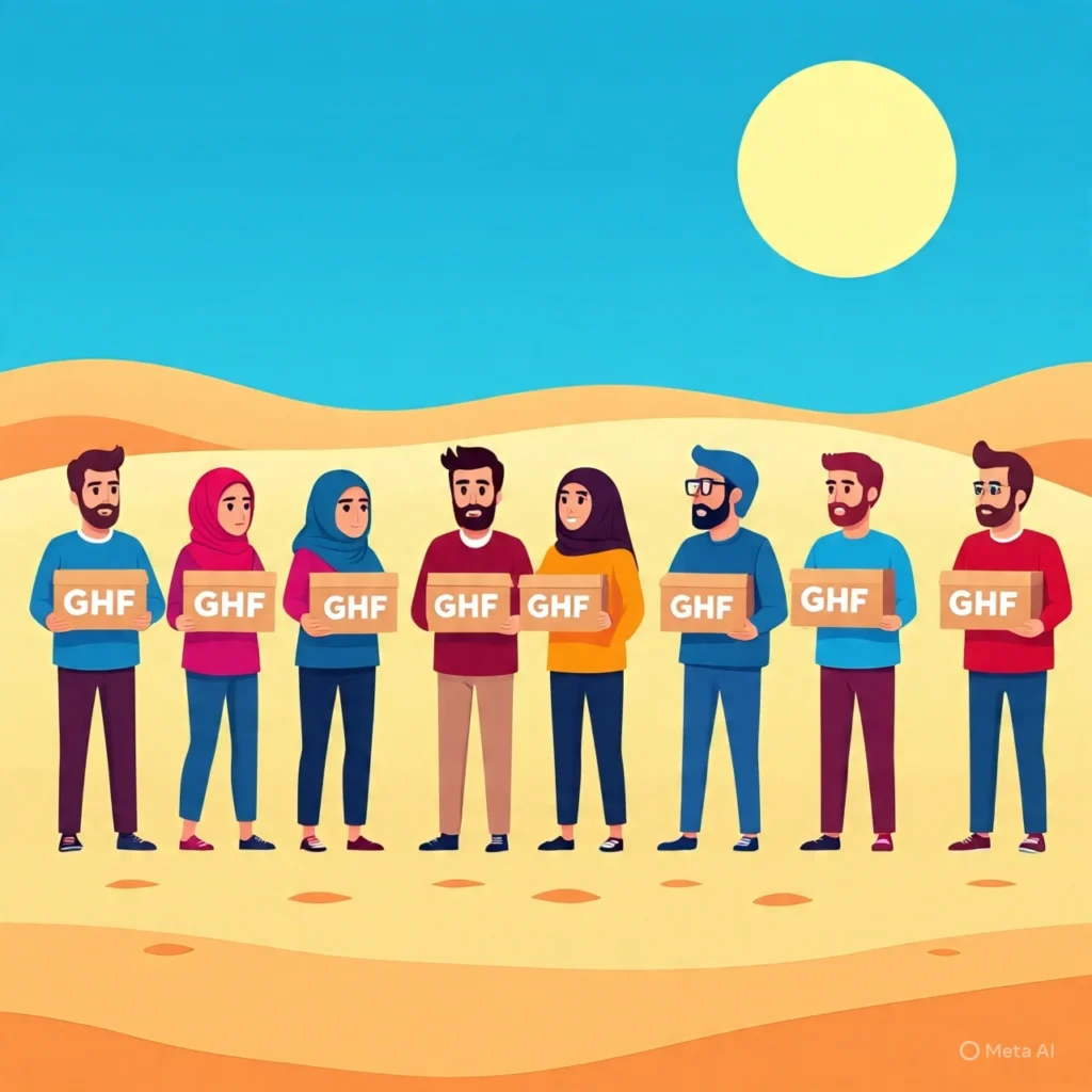A cartoon illustration of nine people, four women and five men, standing in a desert landscape under a bright yellow sun. Each person is holding a brown box labeled "GHF" in white letters. The background is a clear blue sky and rolling sand dunes.