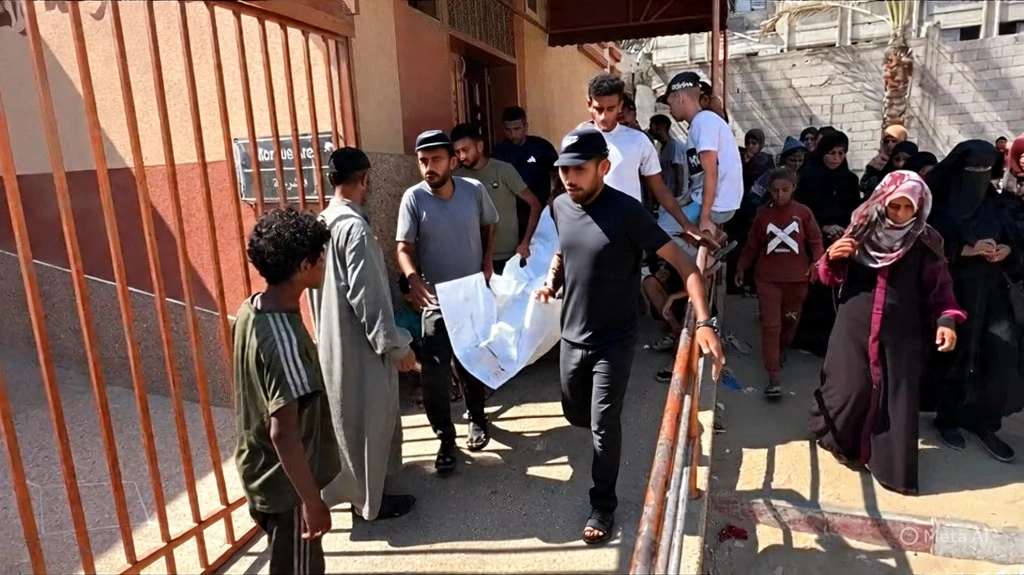Several men are carrying a body wrapped in a white sheet down a set of outdoor stairs, possibly from a building. They are surrounded by a crowd of onlookers, including women and children, many of whom appear solemn or distressed. The architecture suggests a residential or community building.
