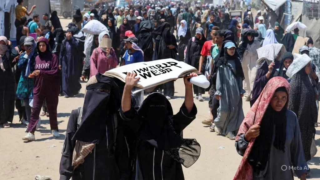 A large crowd of people, many of whom are women wearing hijabs or niqabs, are walking on a dusty, uneven path. In the foreground, two figures wearing niqabs hold up a large, open book that appears to have text on its pages. The overall scene suggests displacement or a mass movement of people.