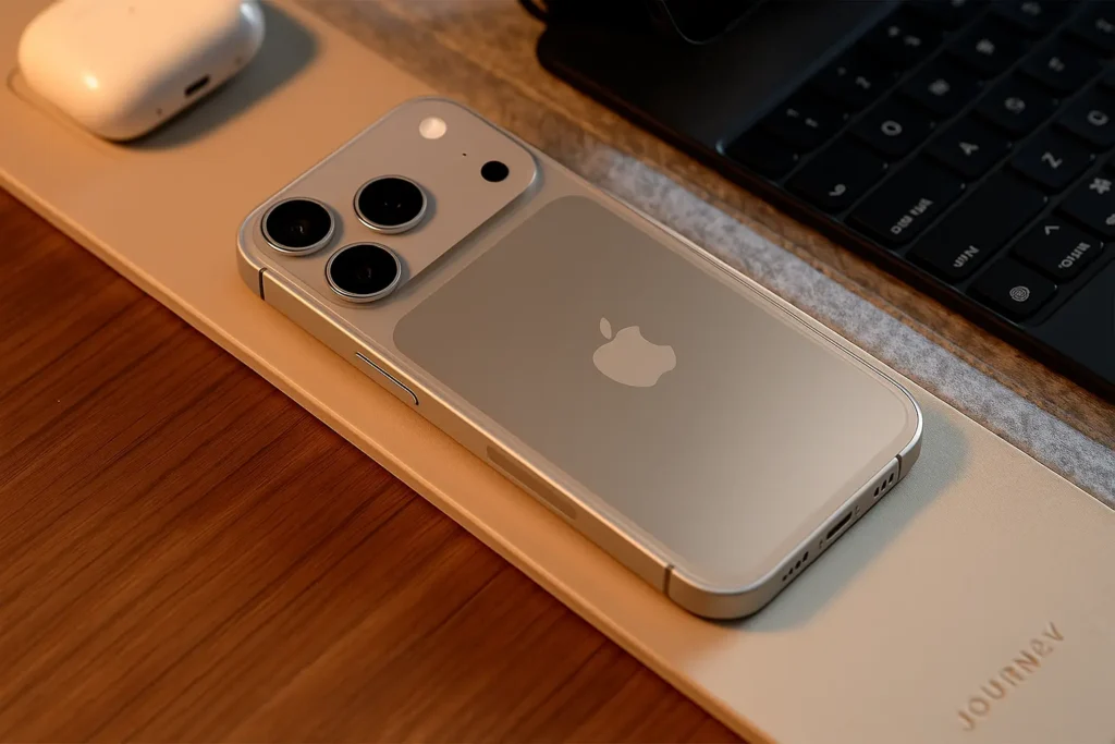 Silver iPhone placed diagonally on a tan leather desk mat beside a white AirPods case and a black keyboard, captured in warm lighting on a wooden surface.