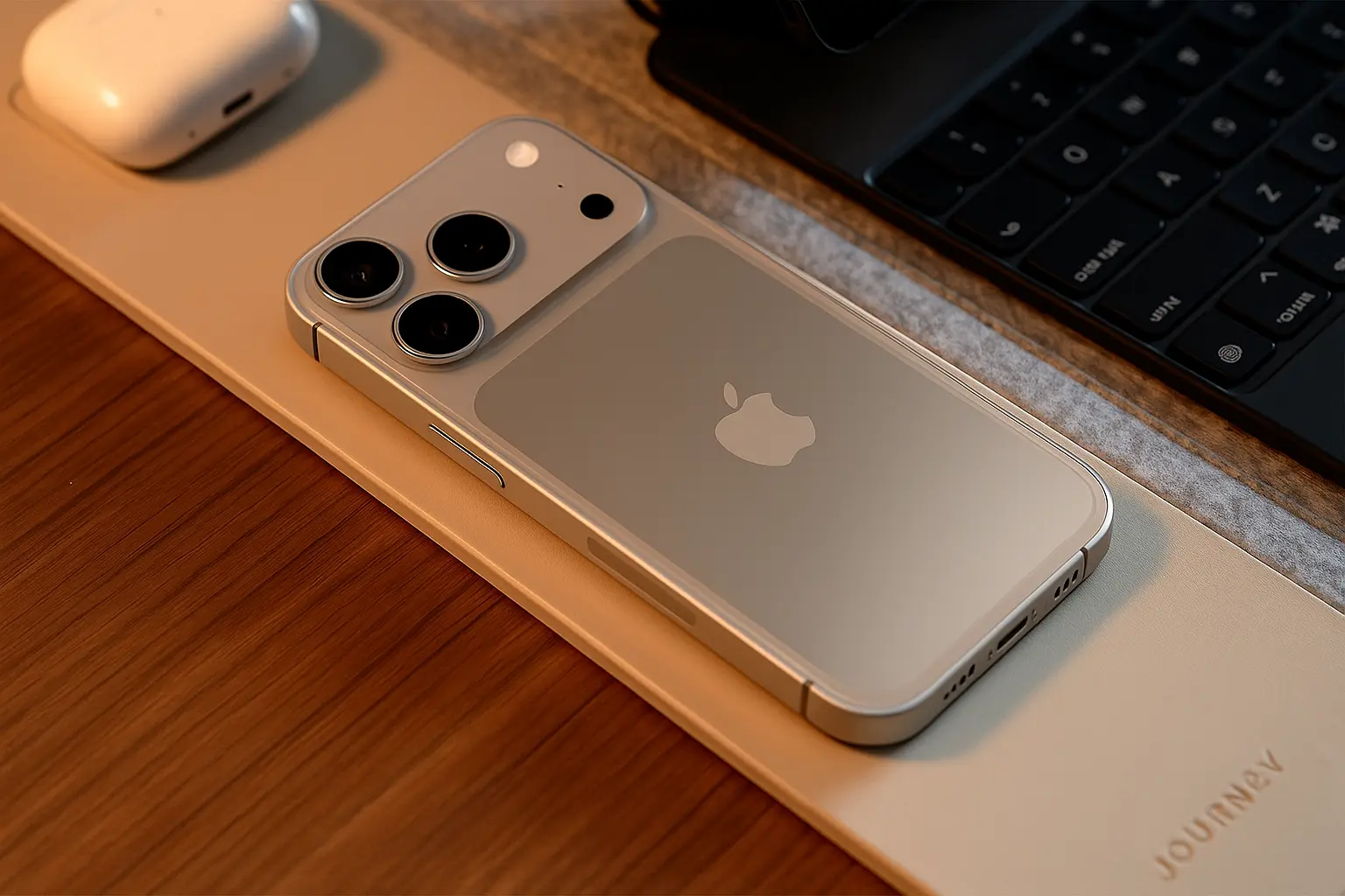 Silver iPhone placed diagonally on a tan leather desk mat beside a white AirPods case and a black keyboard, captured in warm lighting on a wooden surface.