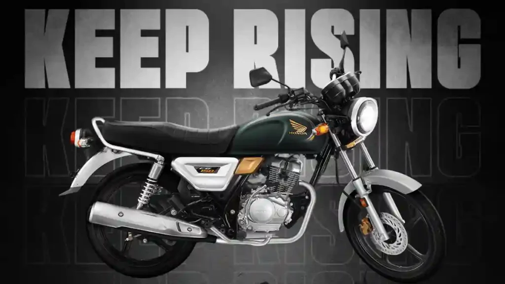 The image depicts a Honda motorcycle positioned in front of a dark background, with the prominent text "KEEP RISING" displayed above it. The motorcycle is oriented towards the right side of the image. Motorcycle: The motorcycle features a dark green gas tank adorned with gold accents and the Honda logo. The seat is black, while the fenders and engine cover are silver. The front wheel is turned slightly to the right, and the headlight is illuminated. The motorcycle's body is predominantly black, with silver accents on the exhaust pipe, engine cover, and front fender. Background: The background is a dark gray color, with a subtle gradient effect that transitions from light to dark. The text "KEEP RISING" is displayed in large, bold, white letters above the motorcycle. A faint, transparent version of the same text is repeated behind the main text, creating a sense of depth and layering. Overall: The image appears to be an advertisement for the Honda motorcycle, with the "KEEP RISING" slogan suggesting a message of empowerment and motivation. In summary, the image showcases a sleek and stylish Honda motorcycle against a dramatic dark background, with a bold and inspiring message that encourages the viewer to "KEEP RISING."