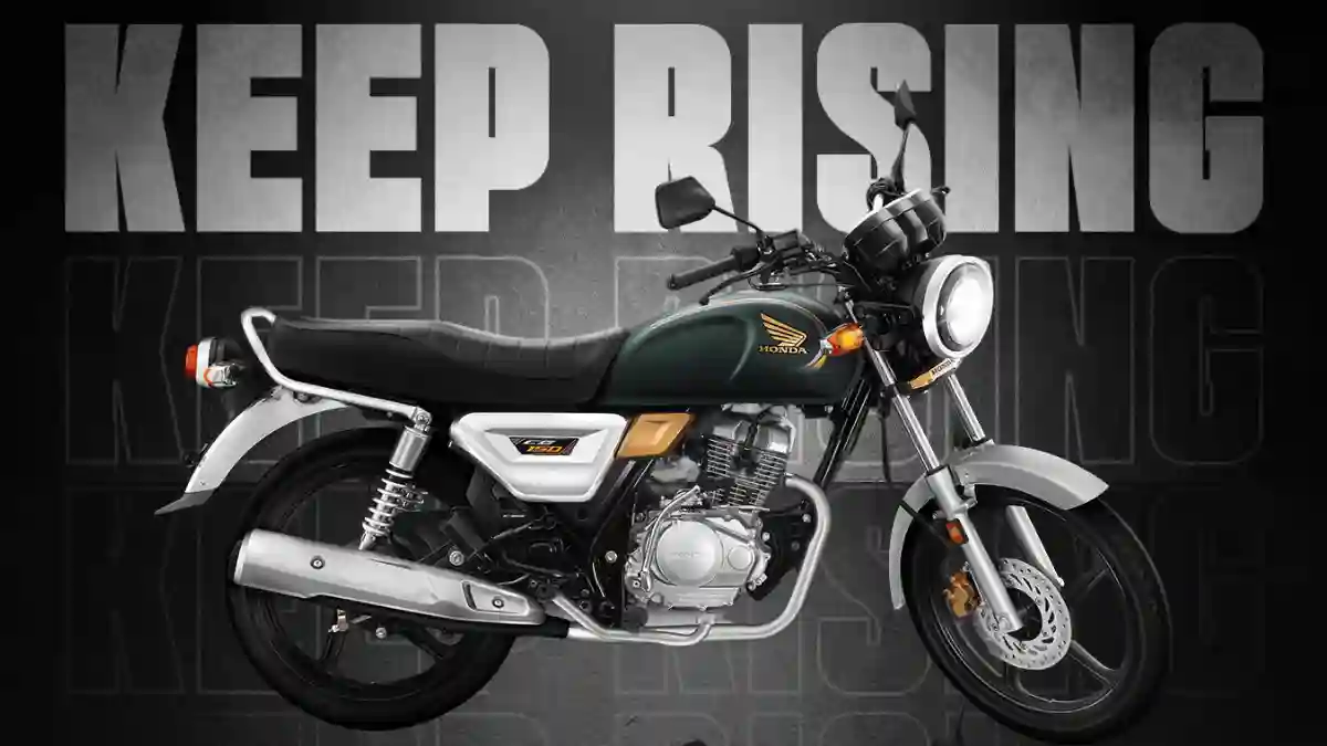 The image depicts a Honda motorcycle positioned in front of a dark background, with the prominent text "KEEP RISING" displayed above it. The motorcycle is oriented towards the right side of the image. Motorcycle: The motorcycle features a dark green gas tank adorned with gold accents and the Honda logo. The seat is black, while the fenders and engine cover are silver. The front wheel is turned slightly to the right, and the headlight is illuminated. The motorcycle's body is predominantly black, with silver accents on the exhaust pipe, engine cover, and front fender. Background: The background is a dark gray color, with a subtle gradient effect that transitions from light to dark. The text "KEEP RISING" is displayed in large, bold, white letters above the motorcycle. A faint, transparent version of the same text is repeated behind the main text, creating a sense of depth and layering. Overall: The image appears to be an advertisement for the Honda motorcycle, with the "KEEP RISING" slogan suggesting a message of empowerment and motivation. In summary, the image showcases a sleek and stylish Honda motorcycle against a dramatic dark background, with a bold and inspiring message that encourages the viewer to "KEEP RISING."