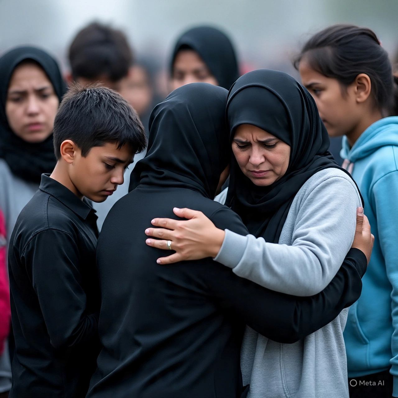 In the foreground, two women in hijabs are embracing each other tightly, both with sorrowful expressions. The woman on the right wears a light gray hoodie and a black hijab, while the woman on the left wears a black long-sleeved shirt and a black hijab. Around them, other individuals, including women and a young boy in a black shirt, look on with somber faces. The overall atmosphere appears to be one of mourning or deep distress.