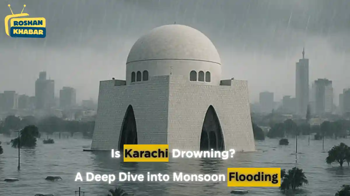 A flooded cityscape with a white-domed building in the center, surrounded by water and trees, under heavy rain.