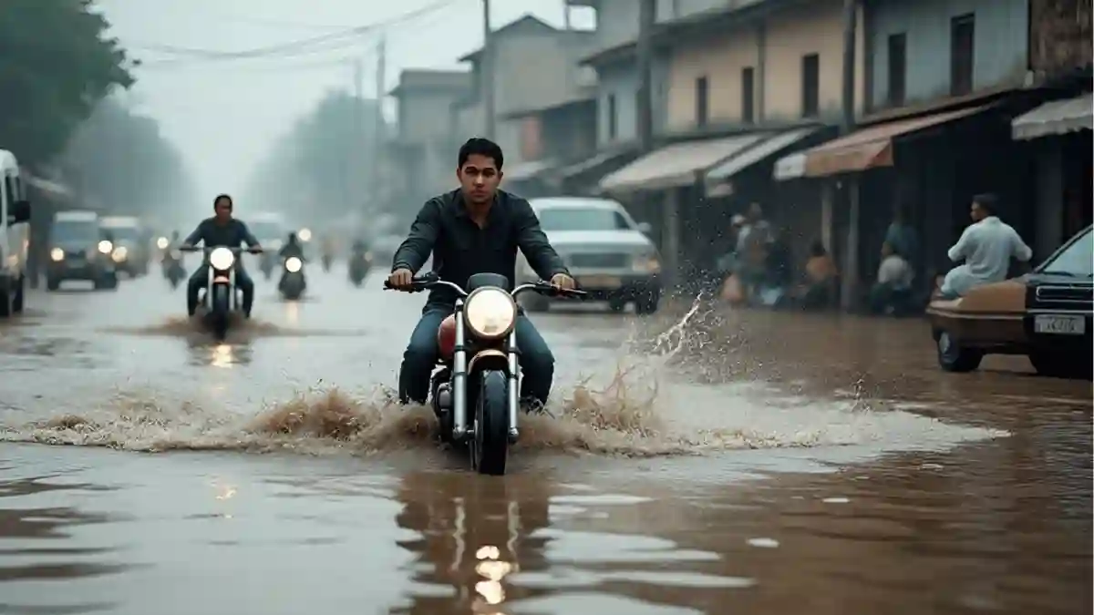 A man rides a motorcycle through a flooded street, with other vehicles and people in the background.